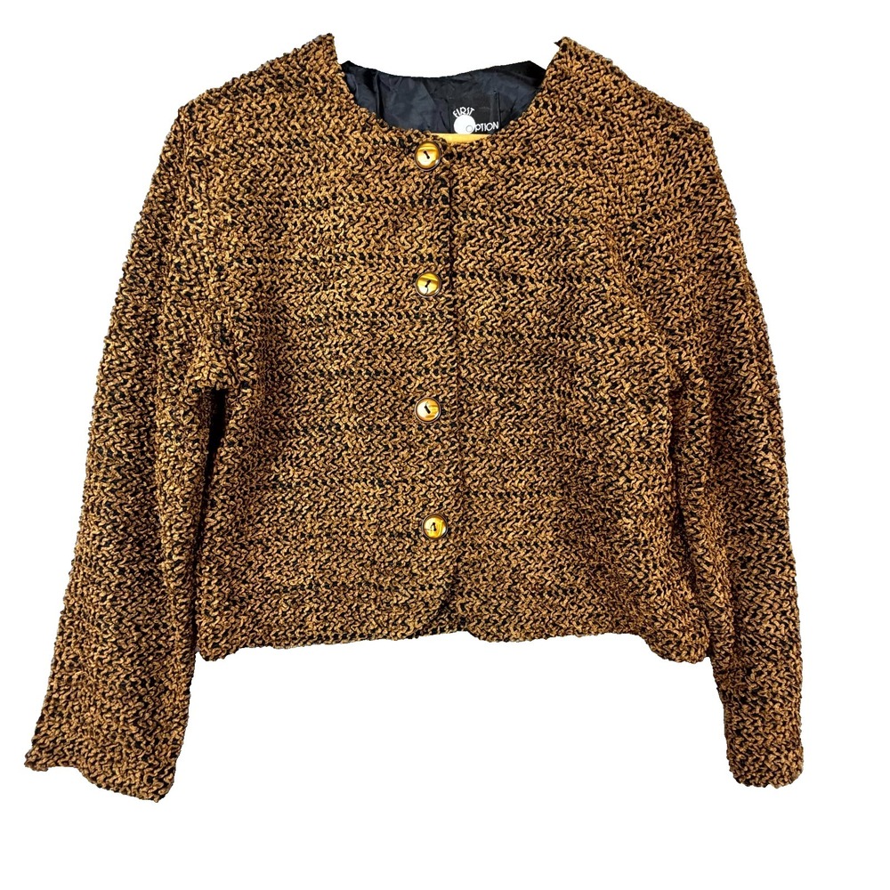 Vintage First Option Boucle Jacket Womens Brown Black Knit Textured Crop Boxy